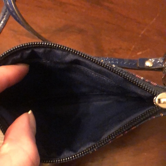 Coach Poppy Tartan Plaid Navy Pink Multi Stripe Zip Wristlet - Picture 5 of 5